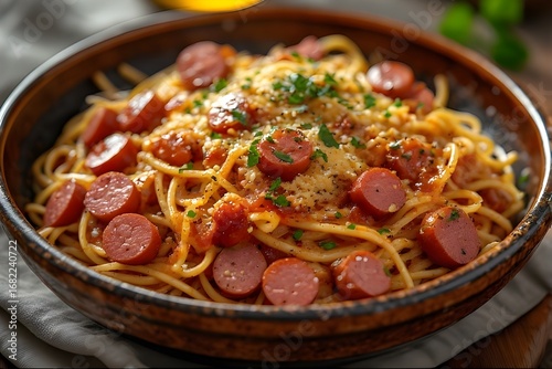 plate of filipino style spaghetti with sliced hot dogs and cheese