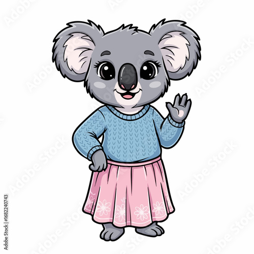 Cute cartoon koala character waving hand wearing blue sweater and pink skirt.