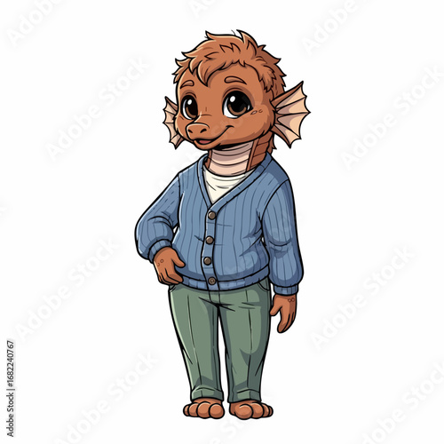Cute Brown Aquatic Creature in Cardigan and Pants.