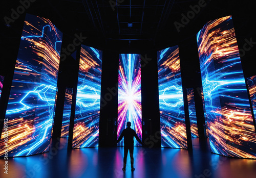 Person silhouette stands before immersive digital display installation with colorful light projections. Interactive multimedia exhibition features dynamic screens, futuristic technology environment.