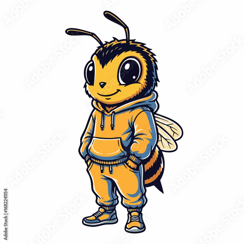 Cartoon Bee Character in Hoodie and Sweatpants Illustration.