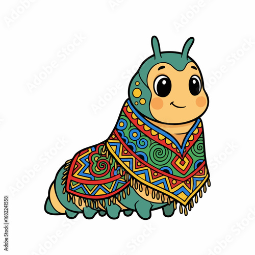 Cute cartoon caterpillar wearing a colorful patterned poncho.