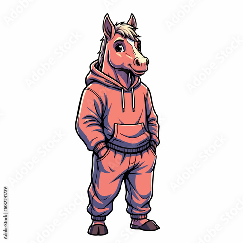 Anthropomorphic horse character in casual hoodie and sweatpants streetwear style.