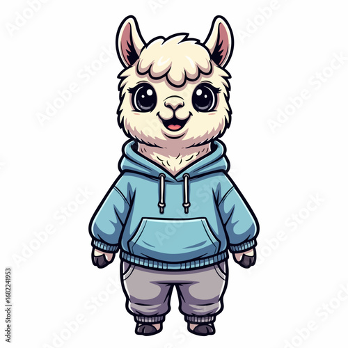 Cute baby llama cartoon character wearing a blue hoodie.