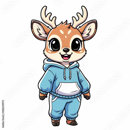 Cartoon deer in blue hoodie and sweatpants smiling happily.