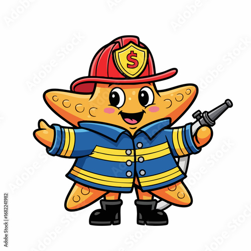 Cute starfish firefighter cartoon character with hose and helmet.