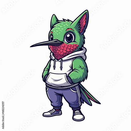 Hummingbird Cartoon Character in Hoodie and Sweatpants.