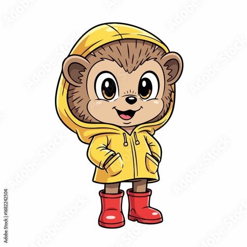 Cute cartoon hedgehog wearing yellow raincoat and red boots.