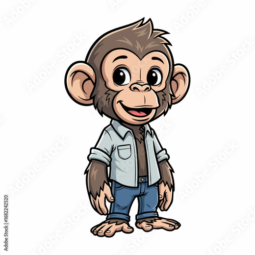 Smiling Cartoon Chimpanzee in Casual Clothes.