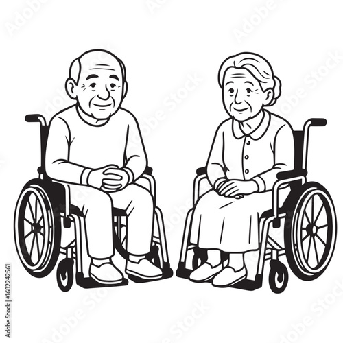 Vector illustration of an old man and old woman sitting in wheelchairs, black and white with bold black outline, symbolizing care, love, and resilience.