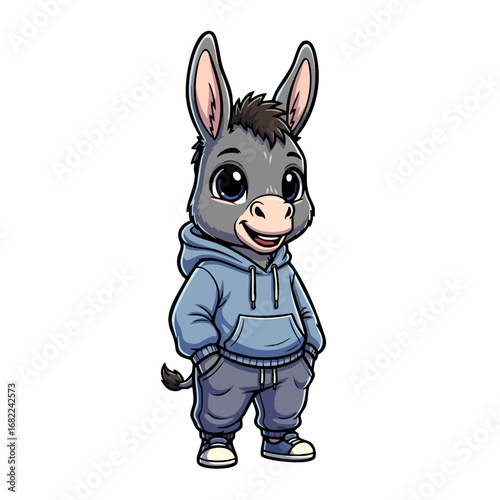 Cute cartoon donkey wearing a blue hoodie and pants standing with hands in pockets.