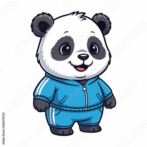 Charming panda in blue tracksuit, radiating joy and happiness with a smile.