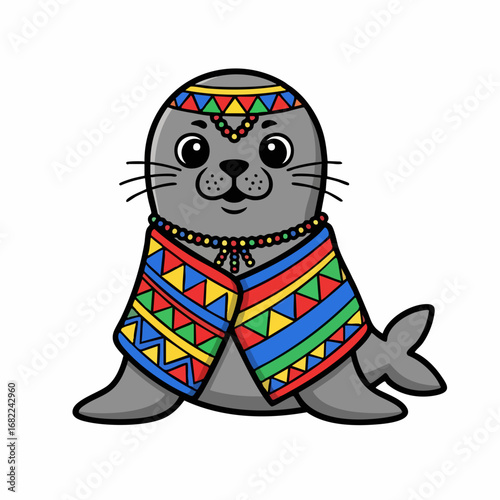 Cartoon seal in tribal attire, smiling with colorful accessories.