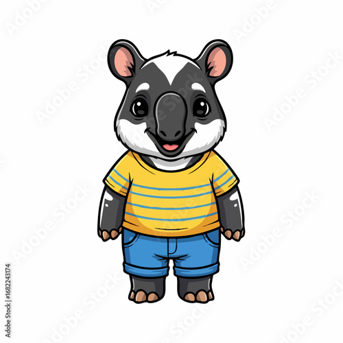 Cute baby tapir cartoon character wearing clothes.