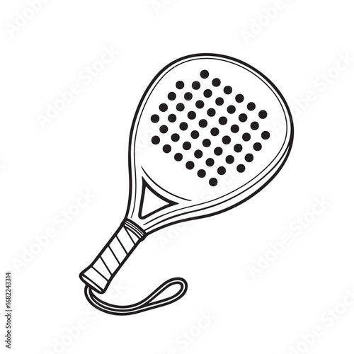 Vector drawing of paddle racket in simple black and white, accented with heavy black outline, symbolizing sport, agility, skill, discipline, and energy.