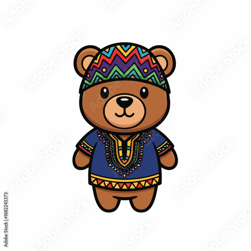 Cute cartoon teddy bear wearing a traditional African dashiki and colorful kufi hat.