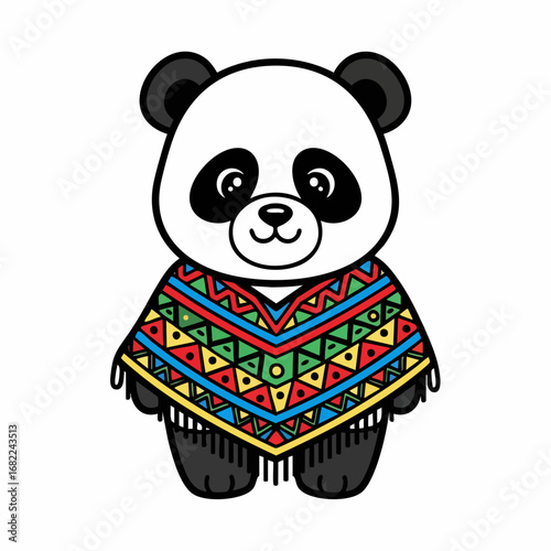 Cute cartoon panda wearing a vibrant traditional Mexican poncho illustration.