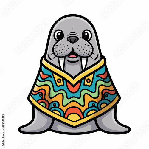 Cute cartoon walrus wearing a colorful poncho.