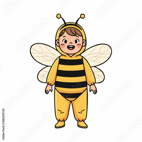 Cute cartoon child dressed as a bee with wings and antennae.