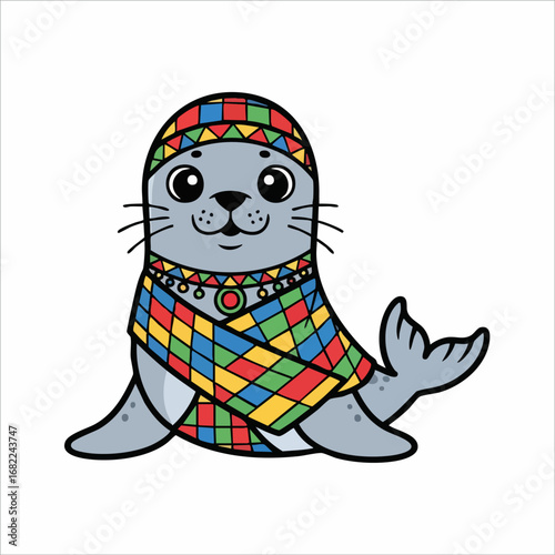 Cute cartoon seal wearing a colorful patterned robe and headdress.