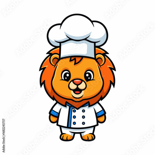 Cartoon lion chef in uniform and hat ready to cook delicious food.