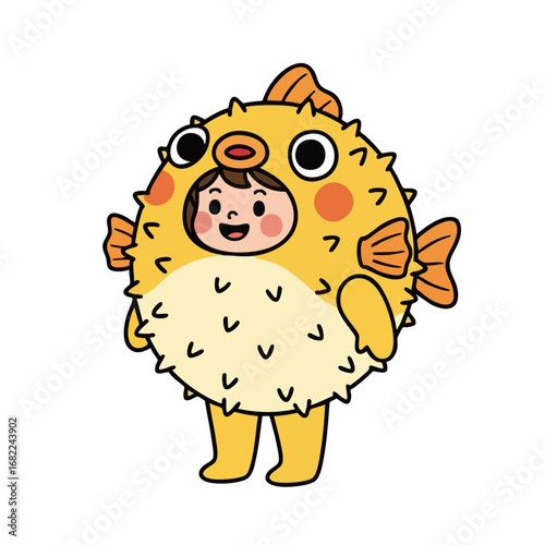 Cute child in a cheerful yellow pufferfish costume.