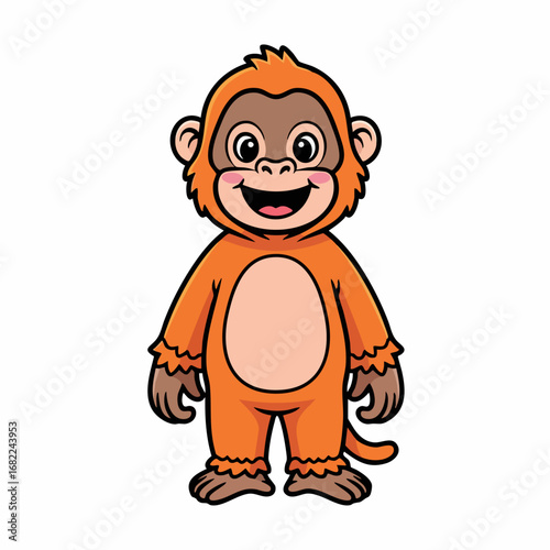 Cute cartoon baby monkey standing with a happy smile.