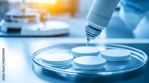 Precision Pipette Dispensing Liquid into Petri Dish with Culture Samples