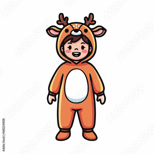 Cute cartoon child wearing a deer reindeer costume.