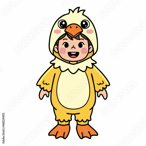 Happy child in a bright yellow chick costume ready to play.