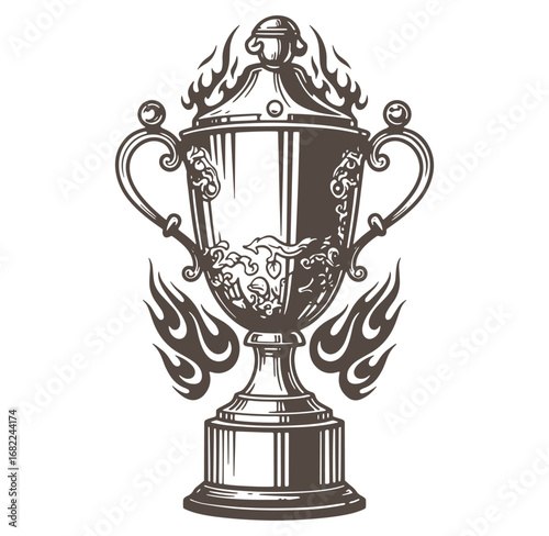 Detailed illustration of a vintage award trophy decorated with flaming elements for achievements