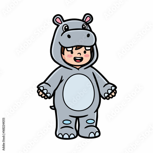 Child in Hippopotamus Costume Smiling Cartoon Illustration.