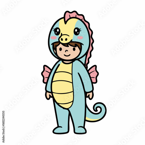 Cute cartoon child wearing a playful seahorse costume with a friendly expression.