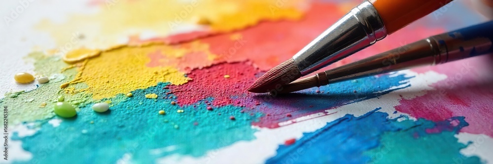 Fototapeta premium Colorful Paintbrush Strokes on Canvas Creative Hobby, Relaxed Leisure, Happy Free Time