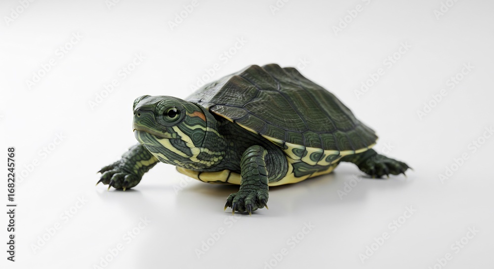 Obraz premium Cute baby turtle crawls slowly on white background soft light. AI Generated