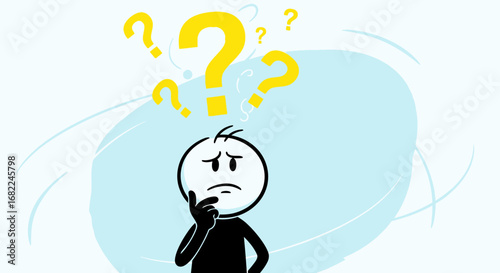 Confused Stickman Doodle with Question Marks Vector Illustration