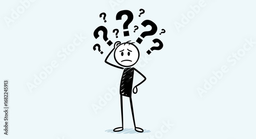 Confused Stickman Doodle with Question Marks Vector Illustration