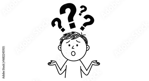 Confused Stickman Doodle with Question Marks Vector Illustration