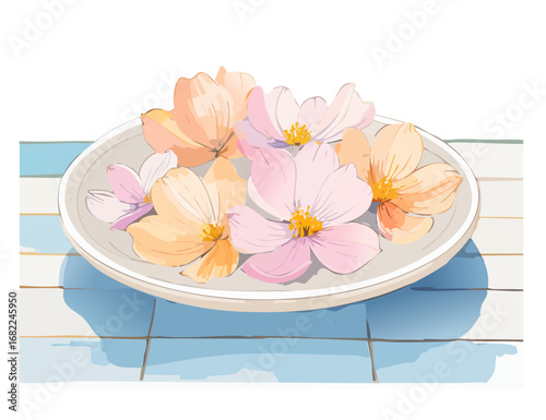 お皿に飾り付けられたコスモスの花