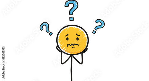 Confused Stickman Doodle with Question Marks Vector Illustration