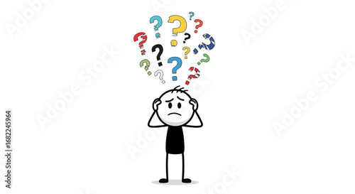 Confused Stickman Doodle with Question Marks Vector Illustration