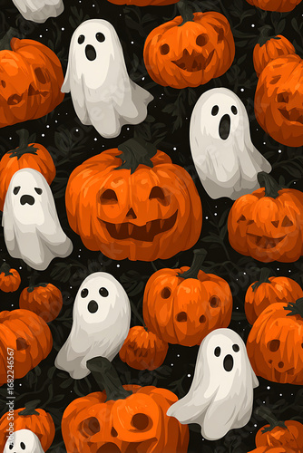 Whimsical Halloween Pattern Featuring Pumpkins and Ghosts Against a Dark Background