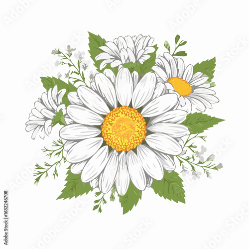 A charming illustration of a bouquet of white daisies with green leaves and delicate white filler flowers, perfect for spring and summer themes