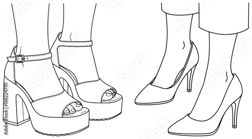 Shoes vector illustration of platform sandals with ankle straps and elegant high heels drawn in clean black and white line art style for fashion and lifestyle designs