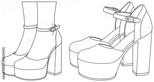 Shoes vector illustration of stylish platform heels with ankle straps drawn in black and white line art style for fashion, elegance, and lifestyle design themes