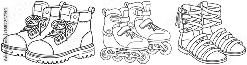 Shoes vector illustration of boots, roller skates, and strappy sandals in black and white detailed line art design for fashion and lifestyle themes