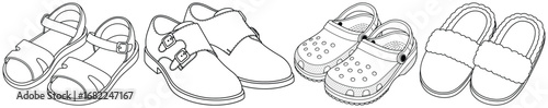 Shoes vector illustration of sandals, loafers, crocs, and slippers in detailed black and white line art style for fashion and lifestyle concepts