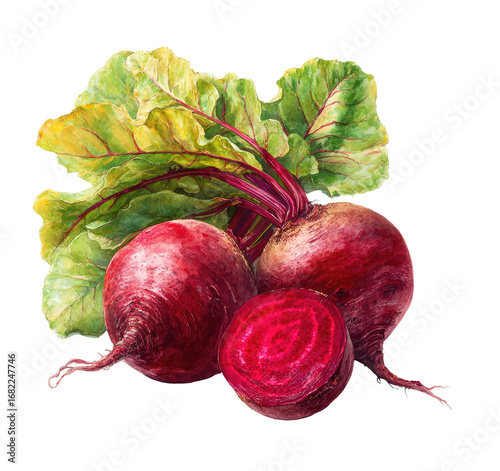 Two whole and one sliced beetroots with vibrant green leaves.  A detailed illustration