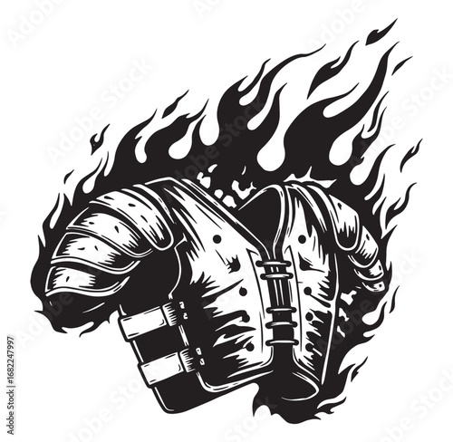 Illustration of a football chest protector surrounded by flames in a dynamic silhouette