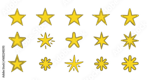 Hand-drawn yellow doodle stars collection with varying shapes, five points, and radiating lines.